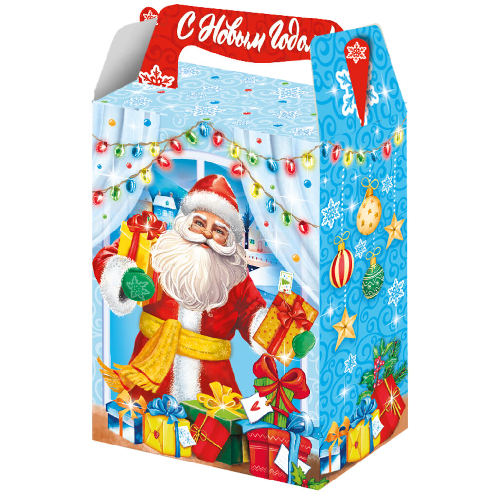Коробка НГ 1 кг Дед Мороз с окном (150)